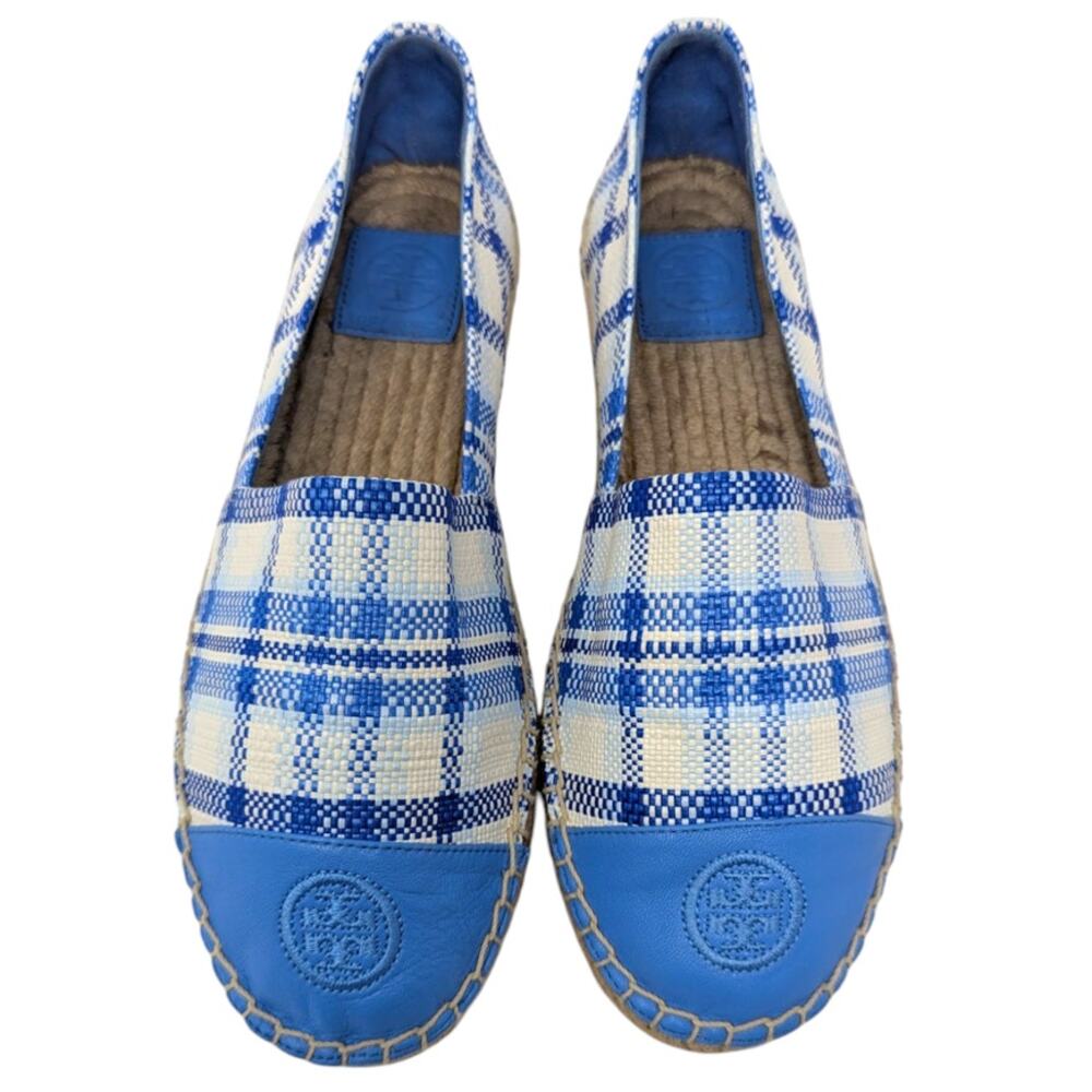 Tory Burch Blue Plaid Espadrille Flats Leather Cap Toe Size 8.5